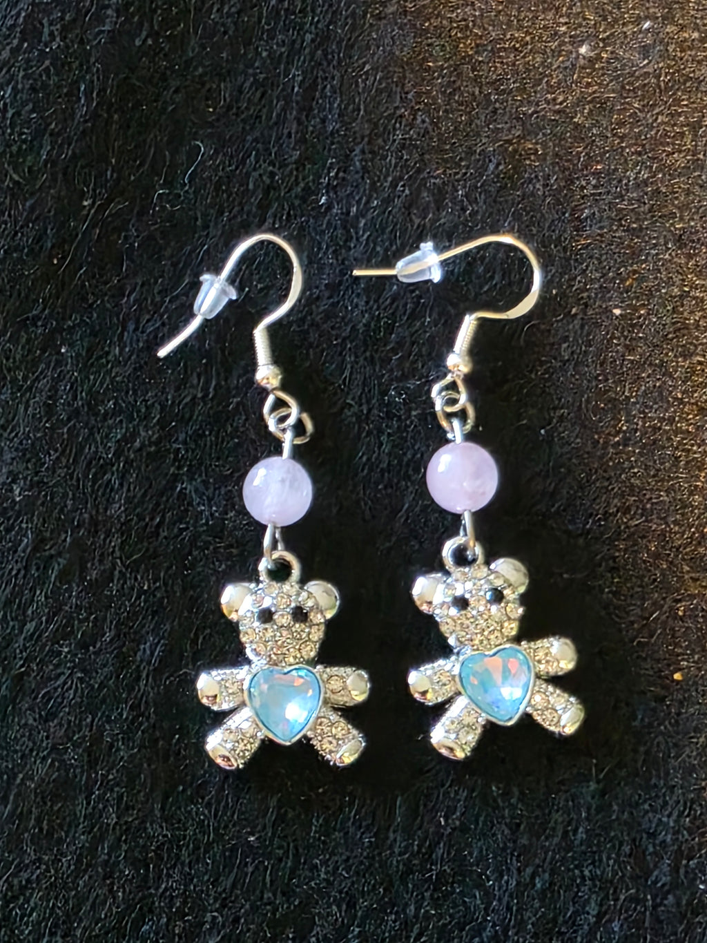 Handcrafted Teddy Bear Earrings with Semi Precious Stones and Sterling Silver fish hooks