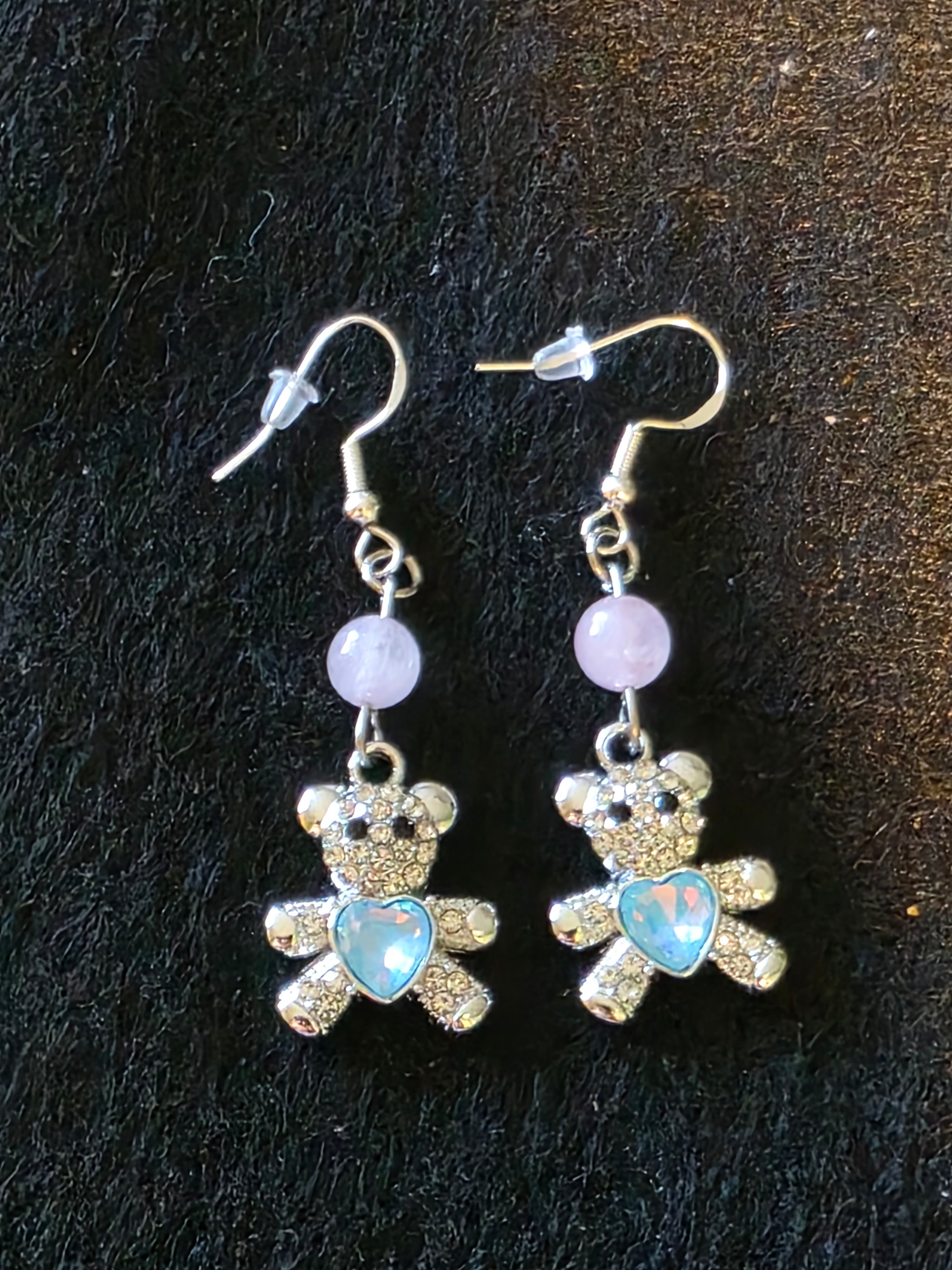 Handcrafted Teddy Bear Earrings with Semi Precious Stones and Sterling Silver fish hooks