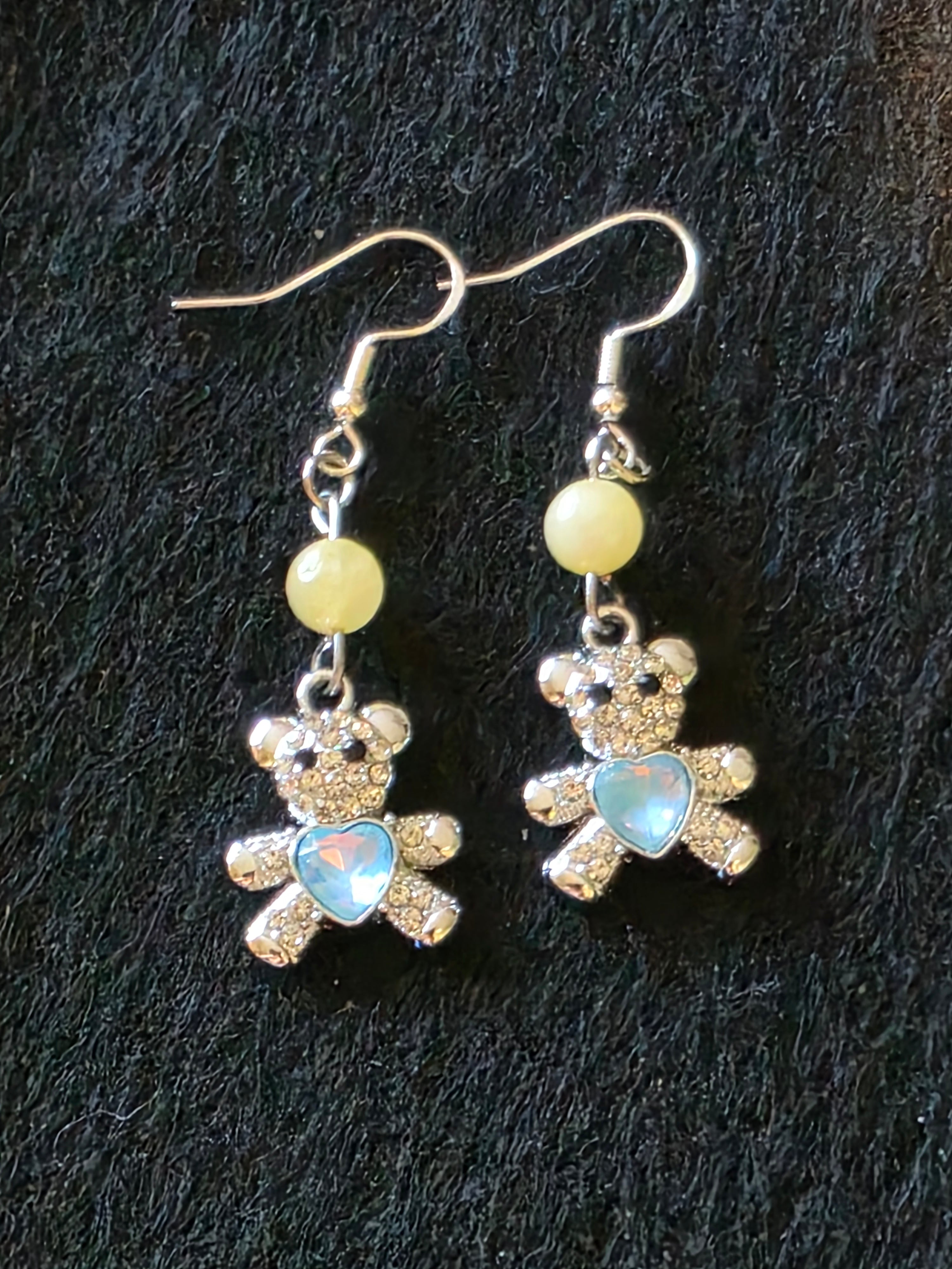 Handcrafted Teddy Bear Earrings with Semi Precious Stones and Sterling Silver fish hooks