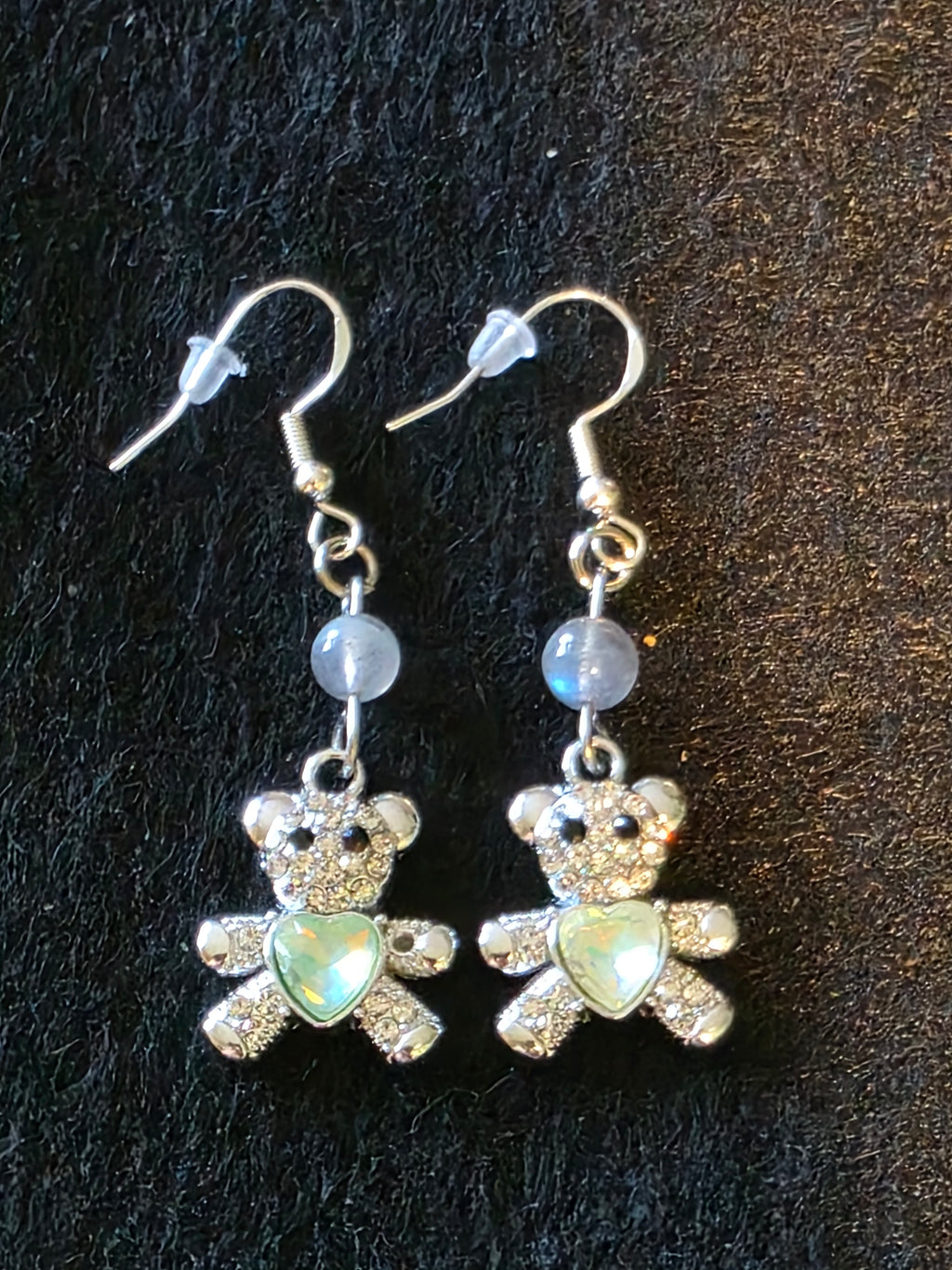Handcrafted Teddy Bear Earrings with Semi Precious Stones and Sterling Silver fish hooks