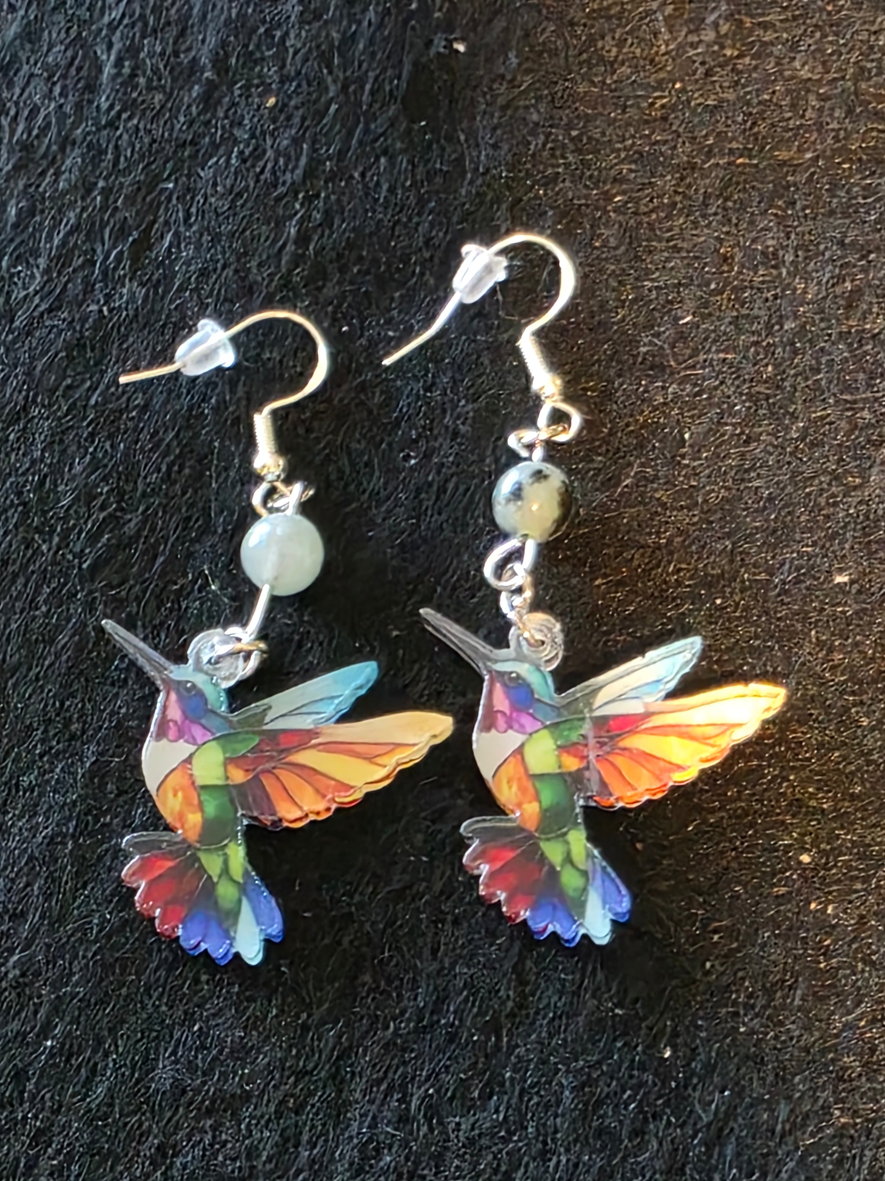 Handcrafted Hummingbird Earrings with Semi Precious Stones and Sterling Silver fish hooks