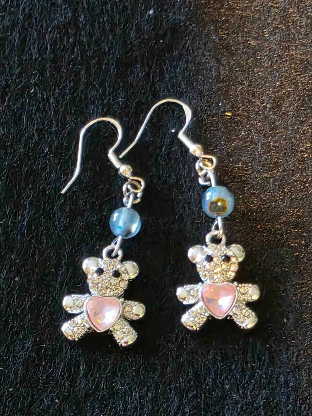 Handcrafted Teddy Bear Earrings with Semi Precious Stones and Sterling Silver fish hooks
