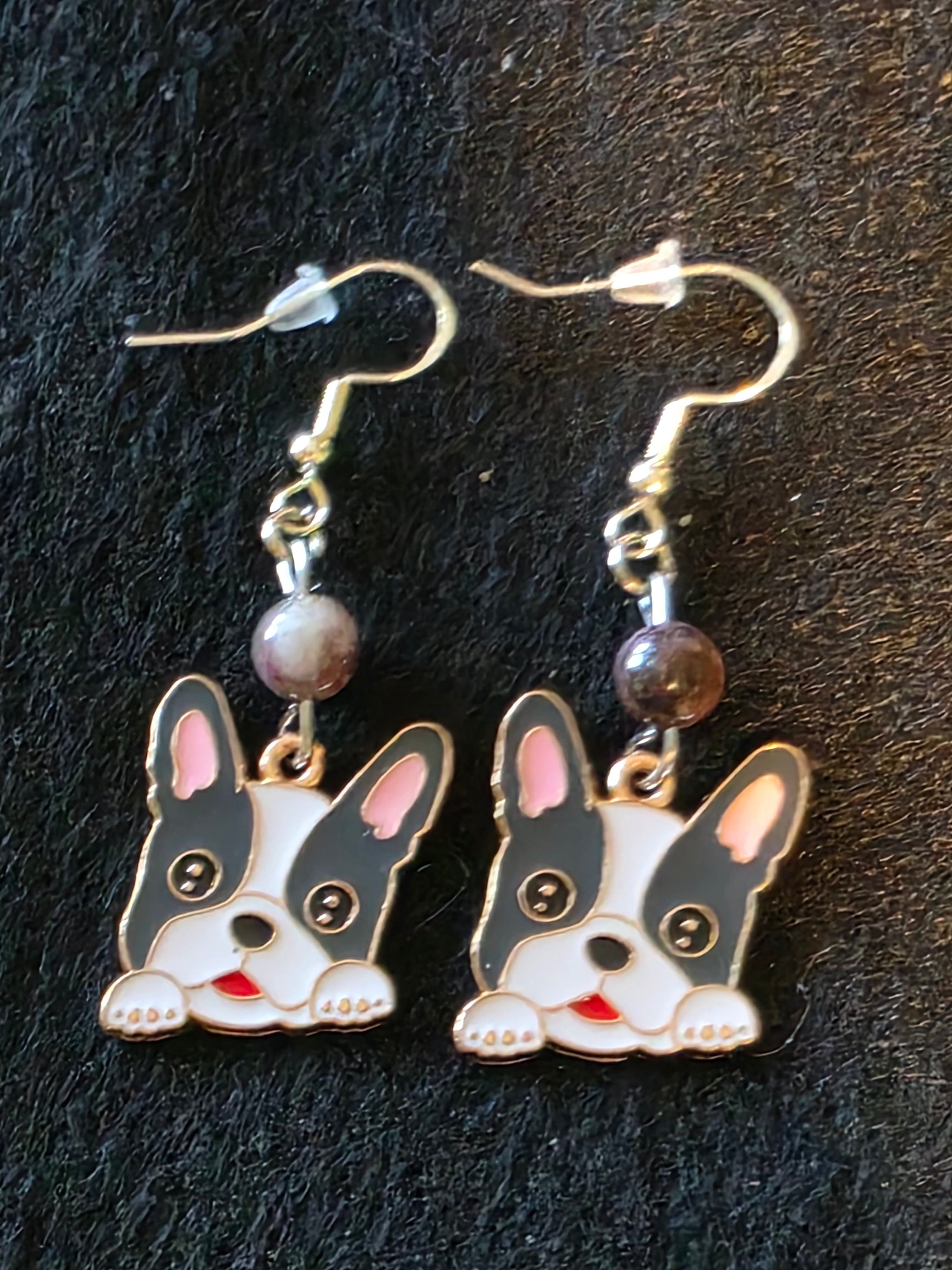 Handcrafted Puppy Earrings with Semi Precious Stones and Sterling Silver fish