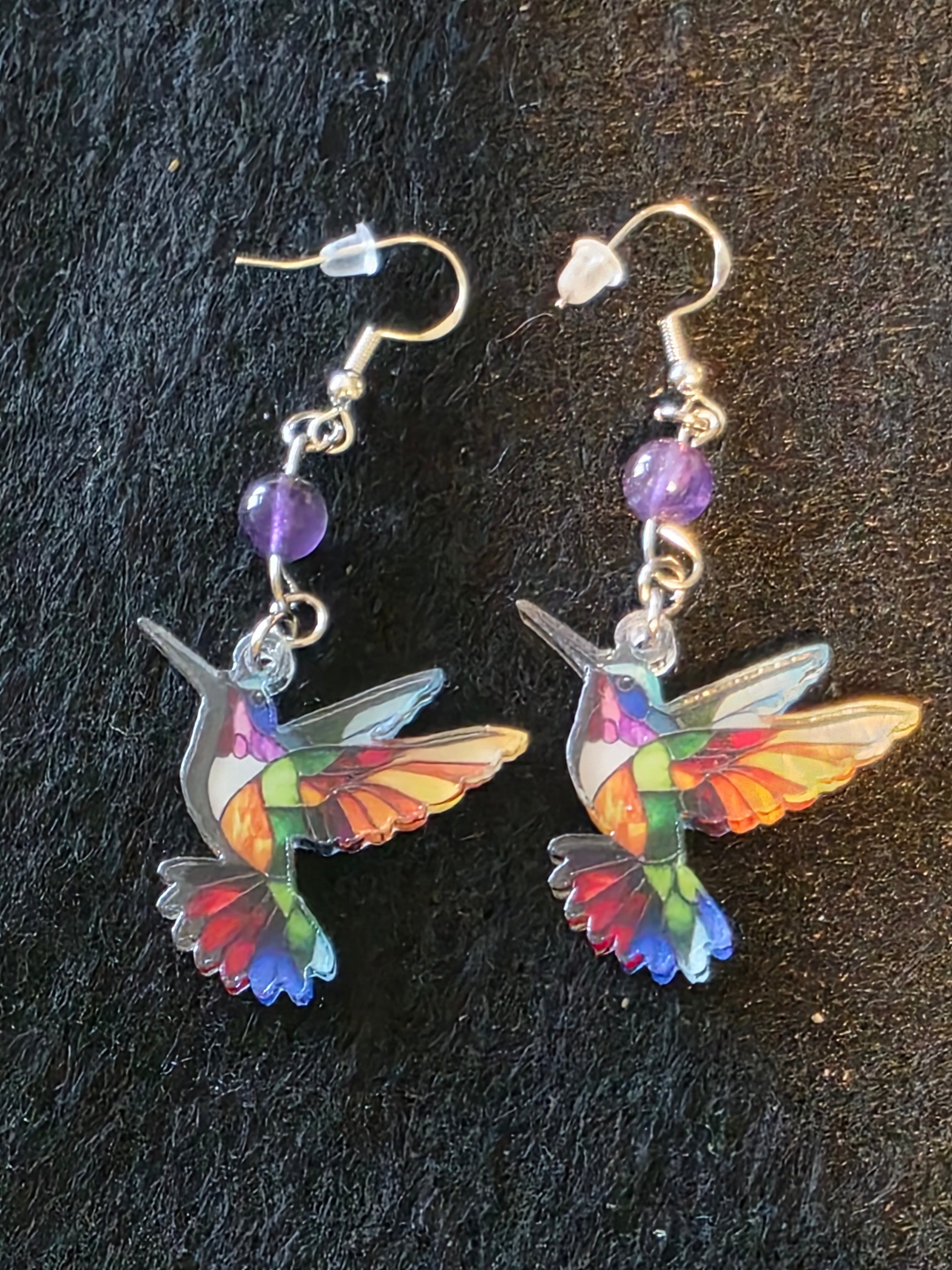Handcrafted Hummingbird Earrings with Semi Precious Stones and Sterling Silver fish hooks